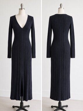 HYFVE Black Ribbed Knit Maxi Dress Long Sleeve V-Neck Front Slit Bodycon, Large